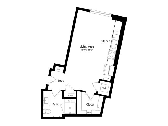 Modern floor plan featuring a spacious living area with open kitchen, bathroom, and ample closet space.