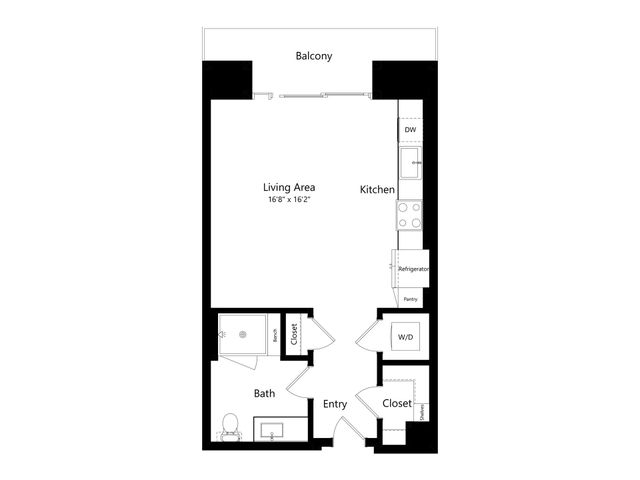 Modern studio floor plan with a spacious living area, gourmet kitchen, and private balcony.