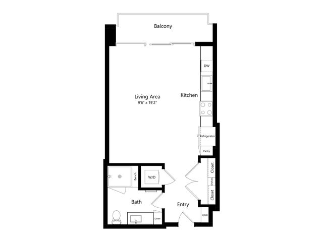 Modern studio apartment floor plan featuring a spacious living area, kitchen with essential appliances, and a balcony for outdoor relaxation.
