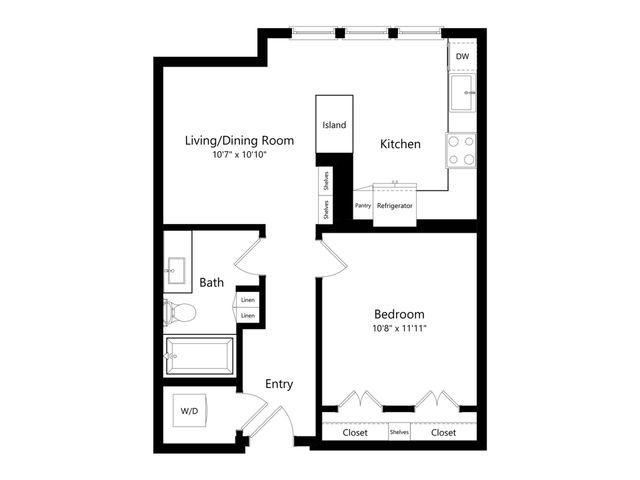 Modern floor plan featuring one bedroom, spacious living and dining area, fully-equipped kitchen with island, and a convenient bathroom layout.