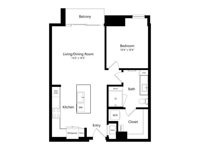 Modern 1-bedroom floor plan featuring an open living and dining area, stylish balcony, and efficient kitchen layout.