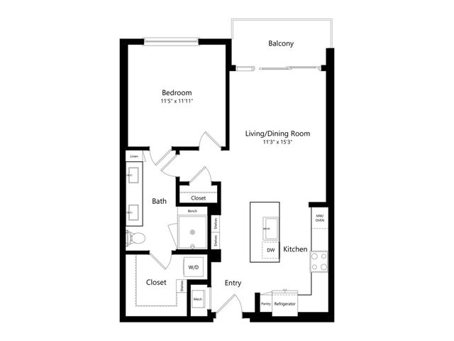 Modern apartment floor plan featuring 1 spacious bedroom, open-concept living and dining area, sleek kitchen, and a private balcony.
