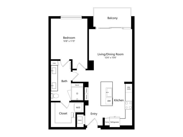 Modern and functional 1-bedroom floor plan featuring an open-concept living and dining area, stylish kitchen, and private balcony for serene views.
