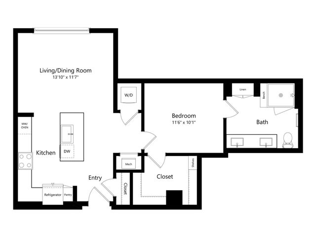 Modern floor plan showcasing a single bedroom, spacious living/dining room, stylish kitchen with island, and large bathroom with double sinks.
