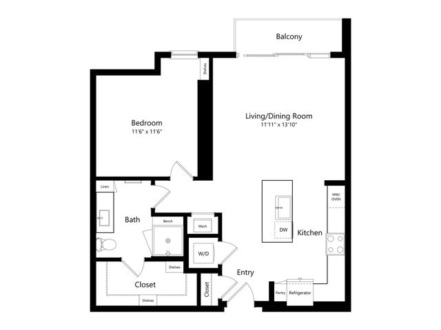 Modern one-bedroom apartment floor plan with a spacious living/dining room and a private balcony.