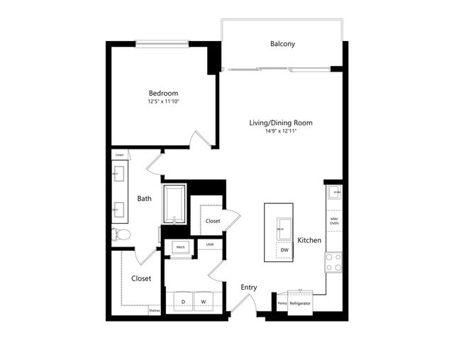 Modern floor plan featuring a spacious bedroom, open living and dining area with a balcony, sleek kitchen with pantry, and convenient bath layout.