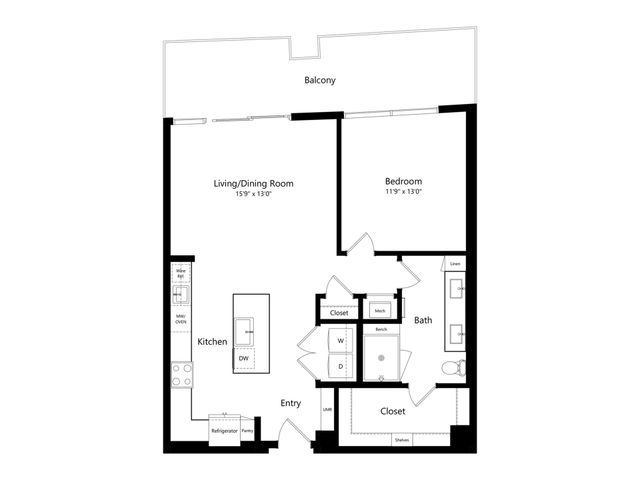 Elegant floor plan showcasing a spacious 1-bedroom apartment with open living/dining area, modern kitchen, and private balcony.
