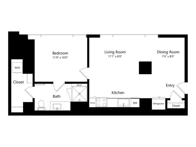 Modern 1-bedroom floor plan featuring an open living and dining area, spacious kitchen, and convenient bath layout.