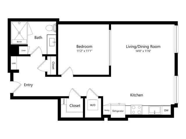 Chic floor plan showcasing a 1 bedroom apartment with a spacious living/dining area, modern kitchen, and elegant bath.