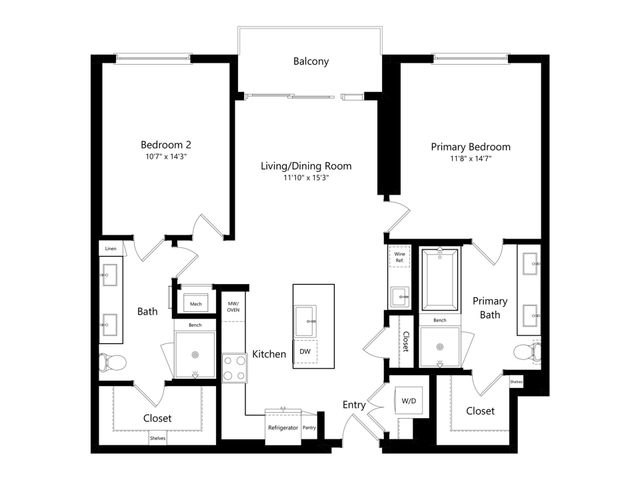 Elegant floor plan showcasing 2 bedrooms, open living/dining area, modern kitchen, and private balcony with ample storage.