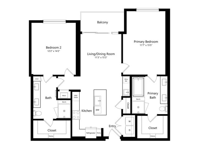 Modern floor plan featuring two spacious bedrooms, a sleek kitchen, and open living/dining room with a balcony.