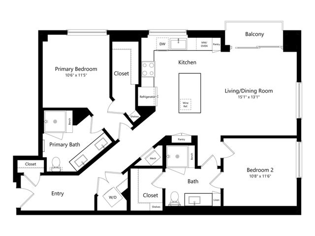 Elegant floor plan showcasing 2 bedrooms, open kitchen, and spacious living/dining room with balcony access.