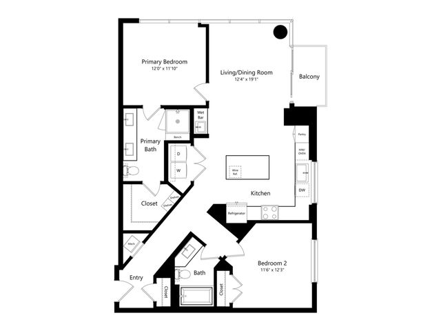 Modern floor plan showcasing 2 bedrooms, an open-concept living and dining area, plus a stylish kitchen with a wine refrigerator and balcony access.