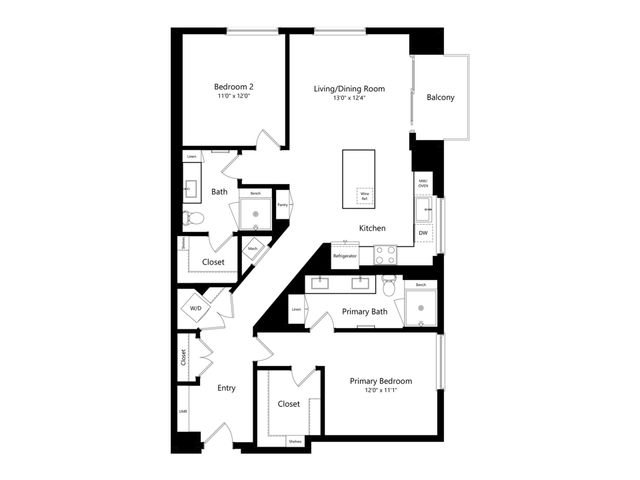 Contemporary apartment floor plan featuring 2 bedrooms, an open-concept living/dining area, modern kitchen, and a private balcony.
