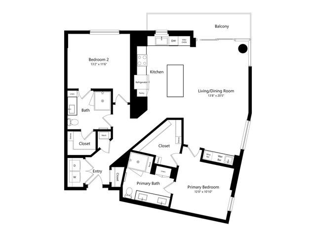 Elegant floor plan showcasing an open living/dining area, modern kitchen, two stylish bedrooms, and a spacious balcony.