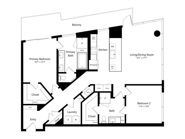Sleek floor plan showcasing 2 bedrooms, spacious living/dining room, modern kitchen, and private balcony.