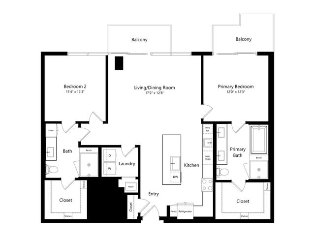 Modern 2D floor plan showcasing 2 bedrooms, spacious living/dining room, sleek kitchen, and two balconies for urban living.