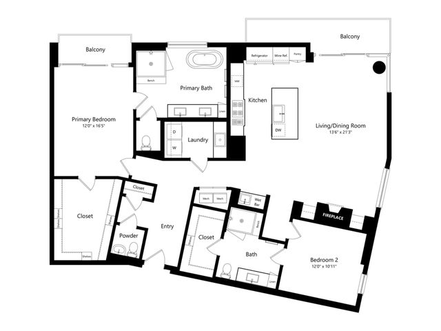 Elegant floor plan showcasing a luxurious apartment with 2 spacious bedrooms, modern kitchen, open-concept living and dining room, primary bath with balcony access, and additional wet bar area. Features include a cozy fireplace and convenient laundry room.