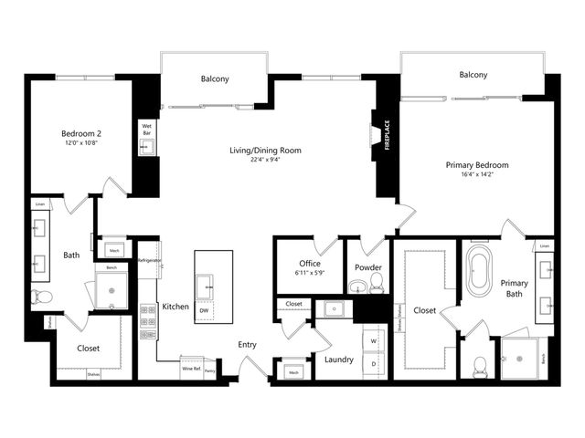 Elegant 2D floor plan showcasing 2 spacious bedrooms, a large open living/dining area with fireplace, modern kitchen with wine refrigerator, and dual balconies.