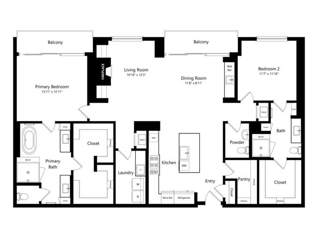 Elegant floor plan showcasing expansive layout with 2 bedrooms, 2.5 baths, open living and dining areas, modern kitchen, dual balconies, and ample storage spaces. Perfect for contemporary living.