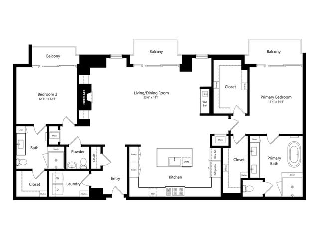 Elegant floor plan showcasing 2 bedrooms, spacious living/dining area with fireplace, modern kitchen, and three balconies. Includes primary bath with large tub, laundry room, and convenient wet bar.
