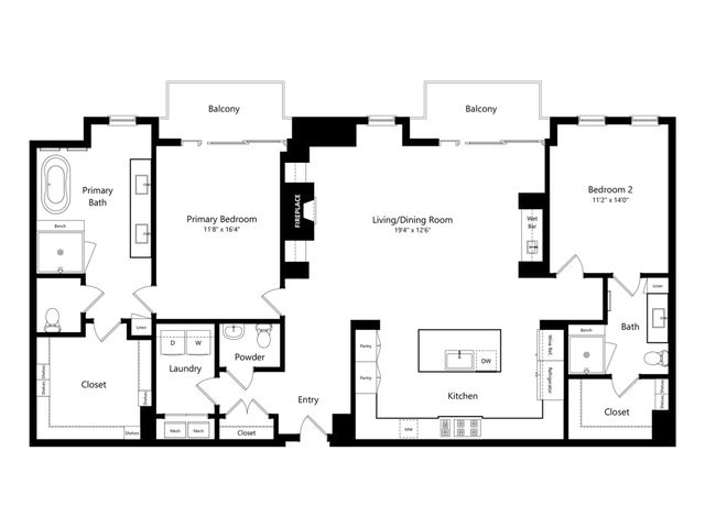 Modern floor plan showcasing 2 spacious bedrooms, an open-concept kitchen, and living/dining area, featuring dual balconies and luxurious primary bath.