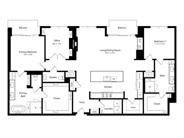 Elegant floor plan showcasing 2 bedrooms, a spacious living/dining room with fireplace, modern kitchen with pantry, and dual balconies.