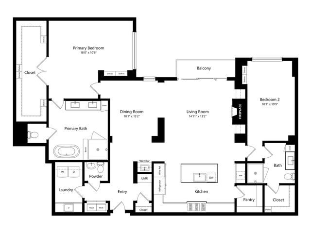 Elegant floor plan showcasing 2 bedrooms, spacious living and dining areas, modern kitchen with island, and inviting balcony.