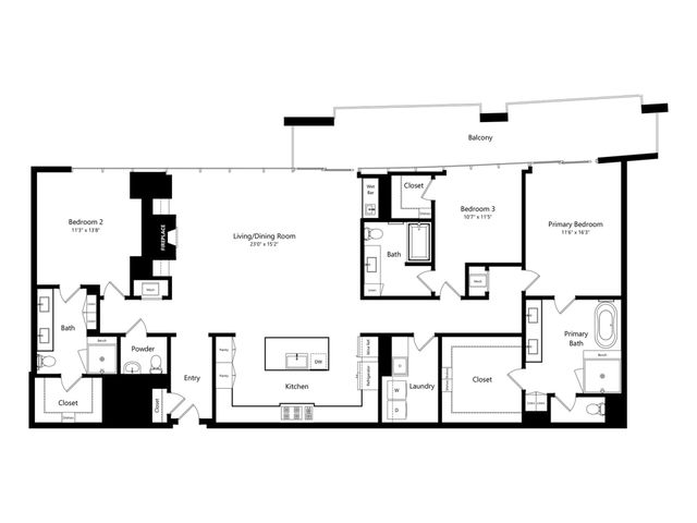 Elegant floor plan showcasing three spacious bedrooms, expansive living/dining area, modern kitchen, and luxurious baths, complete with a balcony and fireplace.