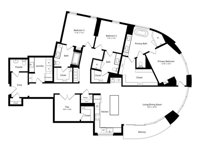 Elegant floor plan showcasing a spacious 3-bedroom layout with a curved living and dining area, modern kitchen, and expansive balcony.