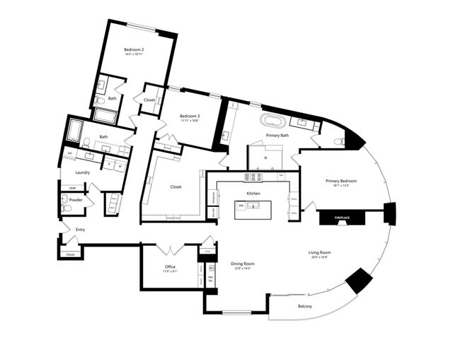 Expansive floor plan showcasing 3 bedrooms, a stylish kitchen, open living and dining area, primary suite with bath, and a sweeping balcony with a curved design.