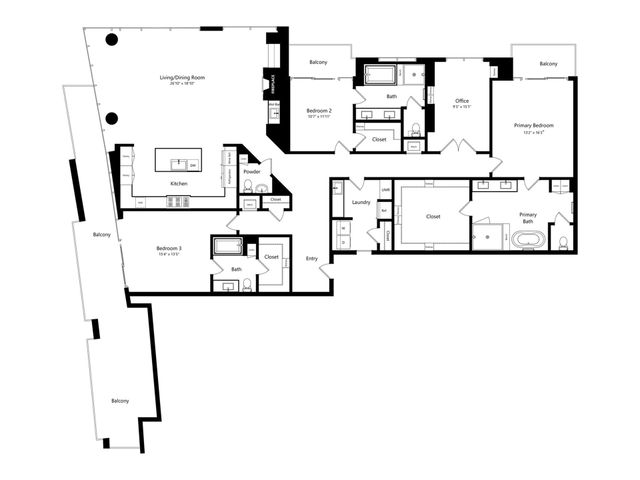 Elegant floor plan showcasing 3 bedrooms, spacious living/dining area, modern kitchen, and two private balconies.