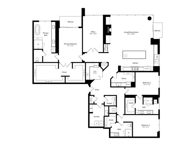 Elegant floor plan showcasing 3 spacious bedrooms, open living/dining area, gourmet kitchen, home office, and dual balconies.