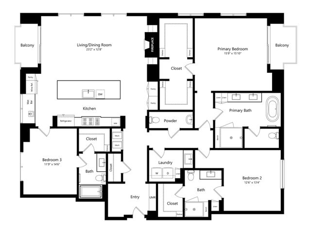 Elegant floor plan showcasing 3 spacious bedrooms, a modern kitchen with an island, open living/dining room with a fireplace, and dual balconies.