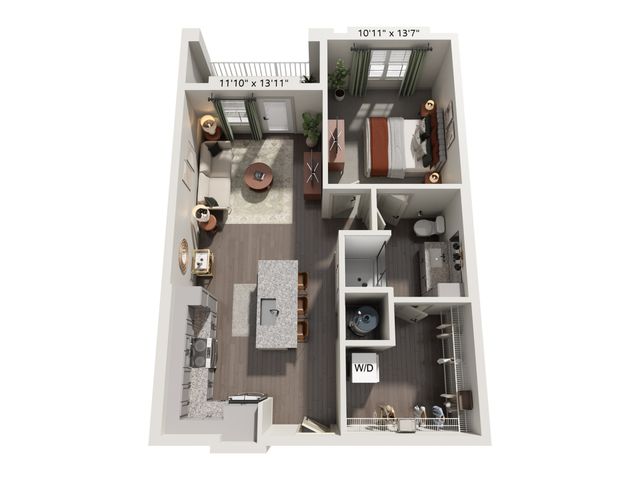 Modern apartment 3D floor plan featuring a spacious living room, a cozy bedroom, a sleek kitchen with island, and a well-appointed bathroom. Includes in-unit washer and dryer, perfect for contemporary living.