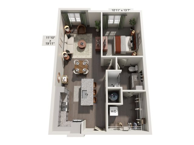 Modern 3D apartment floor plan showcasing a spacious one-bedroom layout with open-concept living and dining area, sleek kitchen with island, and convenient in-unit washer and dryer.