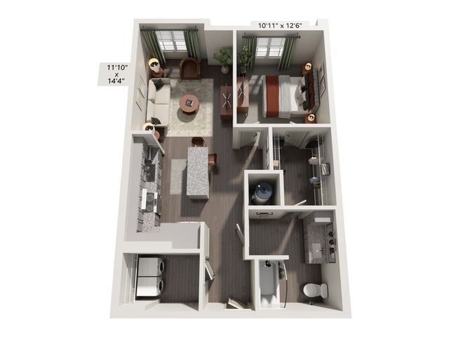 Modern 3D floor plan showcasing an open kitchen with an island, cozy living area, and spacious bedroom with ample storage.