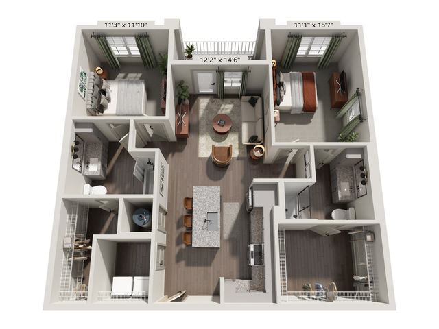 Chic open-concept floor plan featuring 2 spacious bedrooms, a modern kitchen island, stylish living area, and ample storage space.