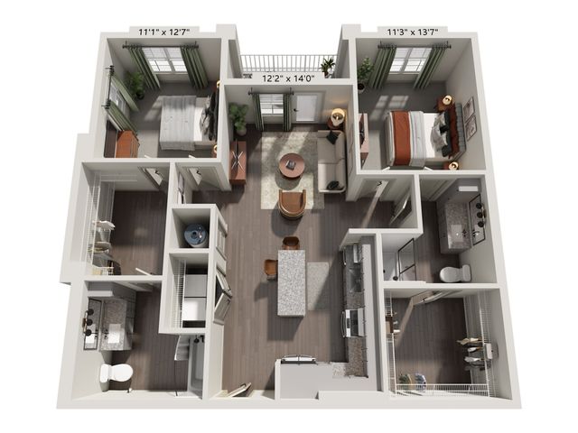 Luxurious 3D floor plan showcasing two spacious bedrooms, open-concept living and dining area, modern kitchen, and two stylish bathrooms.