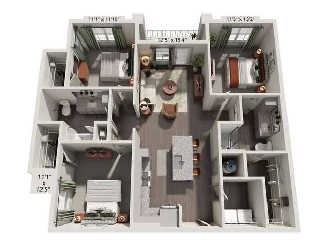 Elegant 3D floor plan showcasing three bedrooms, a modern kitchen with an island, and a cozy living room with wood flooring.