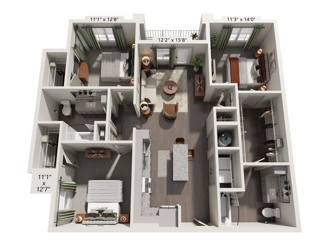 Modern 3D floor plan showcasing a spacious three-bedroom apartment with two bathrooms, an open-concept living area, and a stylish kitchen with an island.