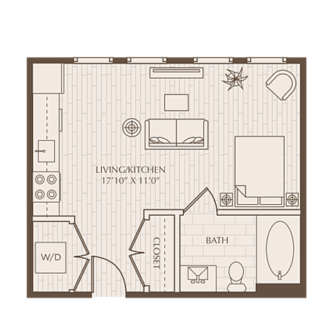 Modern studio floor plan featuring open-concept living and kitchen area, cozy sleeping space, and well-appointed bathroom.