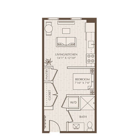 Modern floor plan showcasing a cozy living and kitchen area with abundant natural light, featuring one bedroom and a well-appointed bathroom for optimal comfort.