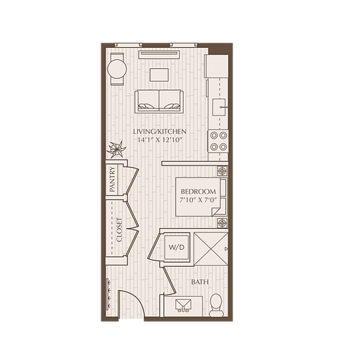 Modern floor plan showcasing a cozy 1-bedroom apartment with open living and kitchen area, ample storage, and convenient laundry space.