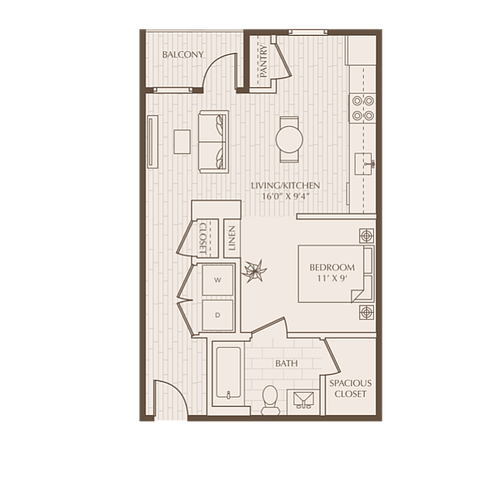 Charming floor plan featuring an open living and kitchen area, cozy bedroom with spacious closet, and a balcony retreat.