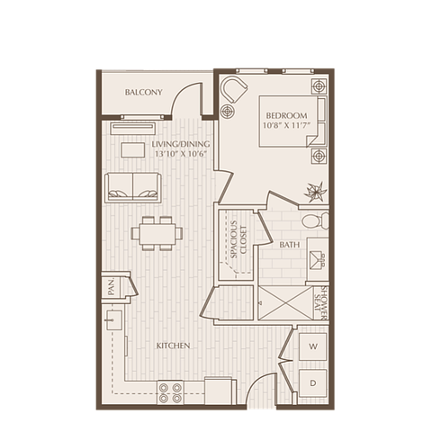 Inviting floor plan showcasing one bedroom, an open living and dining area, a modern kitchen, and a cozy balcony.