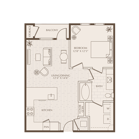 Modern floor plan featuring a spacious bedroom, open-concept living and dining area, stylish kitchen, and private balcony access.