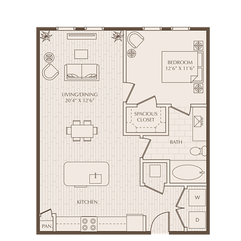 Charming floor plan showcasing a 1 bedroom apartment with an open-concept living and dining area, modern kitchen, spacious closet, and a well-appointed bathroom.