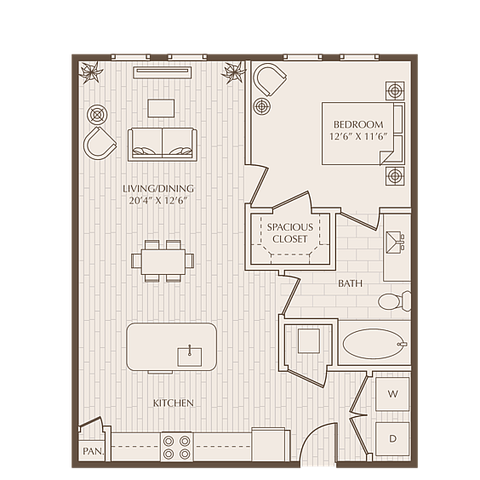 Modern one-bedroom floor plan with open-concept living and dining area, spacious kitchen, and large closet.
