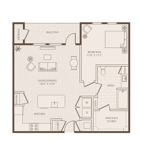 Chic 1-bedroom floor plan featuring an open-concept living and dining area, modern kitchen, and balcony, with spacious closet and bathroom.